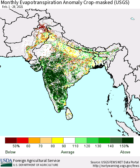 Southern Asia Monthly Evapotranspiration Anomaly Crop-masked (USGS) Thematic Map For 2/1/2021 - 2/28/2021