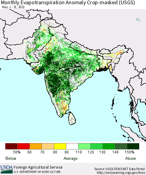 Southern Asia Monthly Actual Evapotranspiration Anomaly over Croplands (USGS) Thematic Map For 5/1/2021 - 5/31/2021