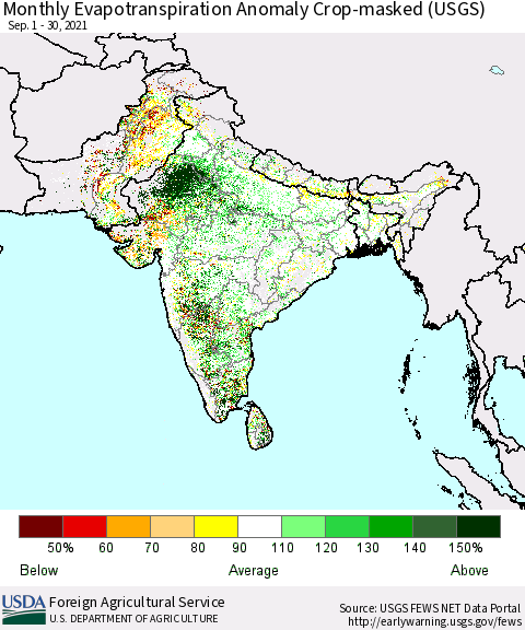 Southern Asia Monthly Actual Evapotranspiration Anomaly over Croplands (USGS) Thematic Map For 9/1/2021 - 9/30/2021