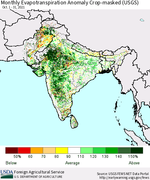 Southern Asia Monthly Actual Evapotranspiration Anomaly over Croplands (USGS) Thematic Map For 10/1/2021 - 10/31/2021