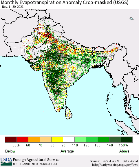 Southern Asia Monthly Actual Evapotranspiration Anomaly over Croplands (USGS) Thematic Map For 11/1/2021 - 11/30/2021