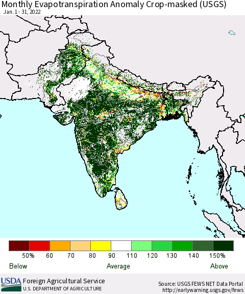 Southern Asia Monthly Actual Evapotranspiration Anomaly over Croplands (USGS) Thematic Map For 1/1/2022 - 1/31/2022