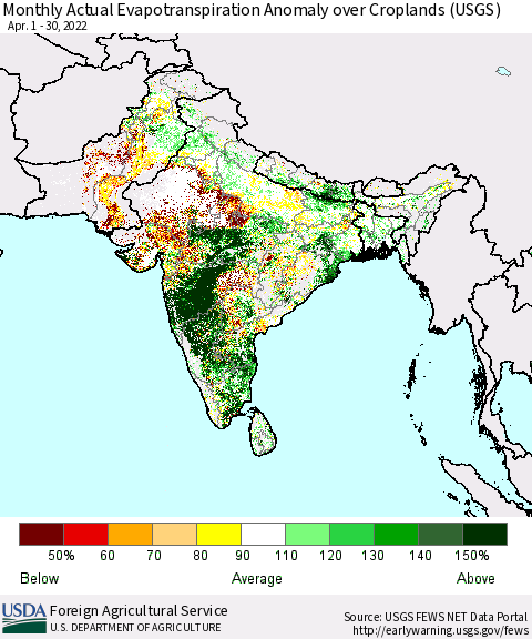 Southern Asia Monthly Actual Evapotranspiration Anomaly over Croplands (USGS) Thematic Map For 4/1/2022 - 4/30/2022