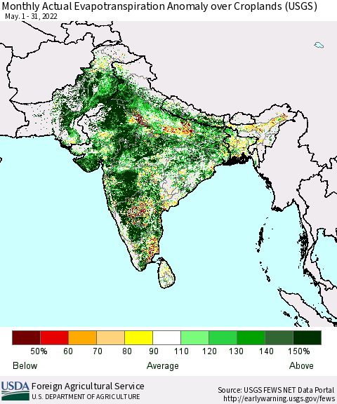 Southern Asia Monthly Actual Evapotranspiration Anomaly over Croplands (USGS) Thematic Map For 5/1/2022 - 5/31/2022