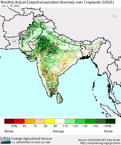 Southern Asia Monthly Actual Evapotranspiration Anomaly over Croplands (USGS) Thematic Map For 7/1/2022 - 7/31/2022