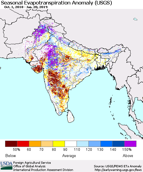 Southern Asia Seasonal Evapotranspiration Anomaly (USGS) Thematic Map For 10/1/2018 - 1/20/2019