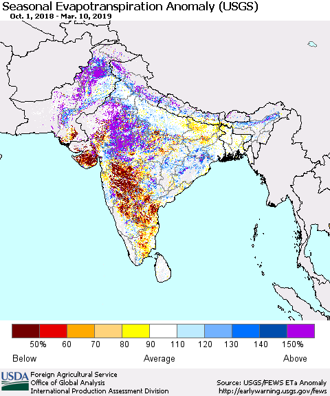 Southern Asia Seasonal Evapotranspiration Anomaly (USGS) Thematic Map For 10/1/2018 - 3/10/2019