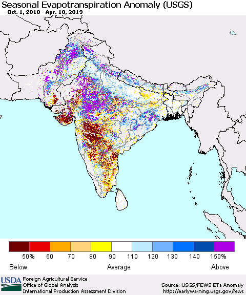 Southern Asia Seasonal Evapotranspiration Anomaly (USGS) Thematic Map For 10/1/2018 - 4/10/2019