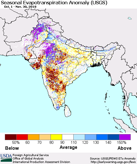 Southern Asia Seasonal Evapotranspiration Anomaly (USGS) Thematic Map For 10/1/2018 - 11/30/2018