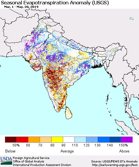 Southern Asia Seasonal Actual Evapotranspiration Anomaly (USGS) Thematic Map For 5/1/2019 - 5/20/2019