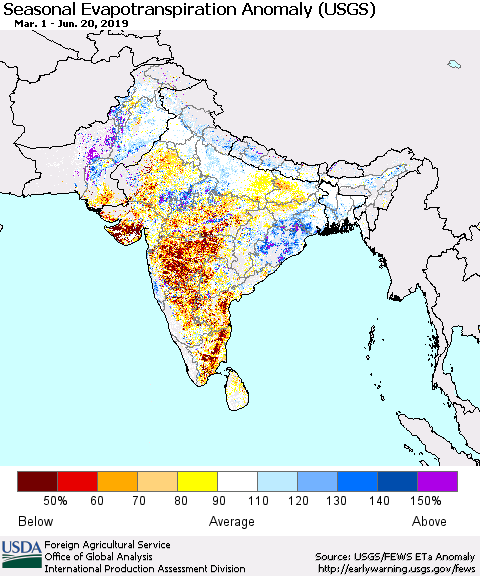 Southern Asia Seasonal Actual Evapotranspiration Anomaly (USGS) Thematic Map For 5/1/2019 - 6/20/2019