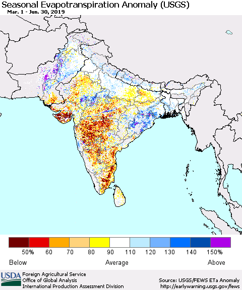 Southern Asia Seasonal Actual Evapotranspiration Anomaly (USGS) Thematic Map For 5/1/2019 - 6/30/2019