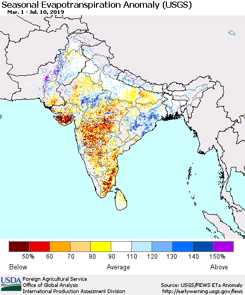 Southern Asia Seasonal Actual Evapotranspiration Anomaly (USGS) Thematic Map For 5/1/2019 - 7/10/2019