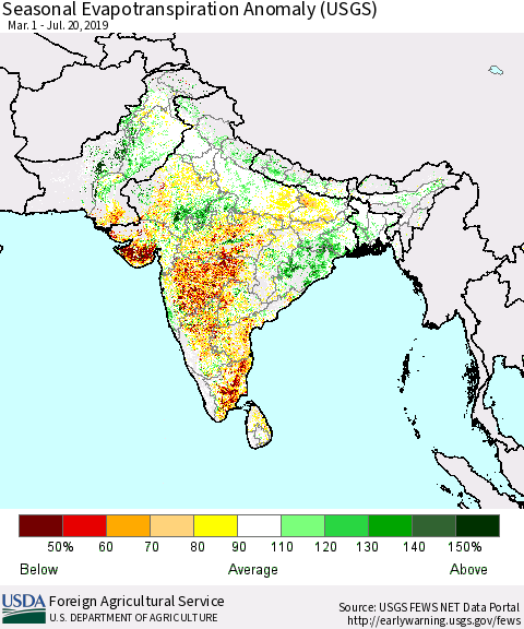 Southern Asia Seasonal Actual Evapotranspiration Anomaly (USGS) Thematic Map For 5/1/2019 - 7/20/2019