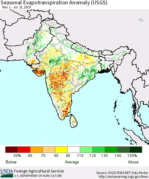 Southern Asia Seasonal Actual Evapotranspiration Anomaly (USGS) Thematic Map For 5/1/2019 - 7/31/2019