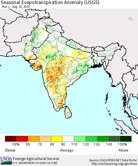 Southern Asia Seasonal Actual Evapotranspiration Anomaly (USGS) Thematic Map For 5/1/2019 - 8/20/2019