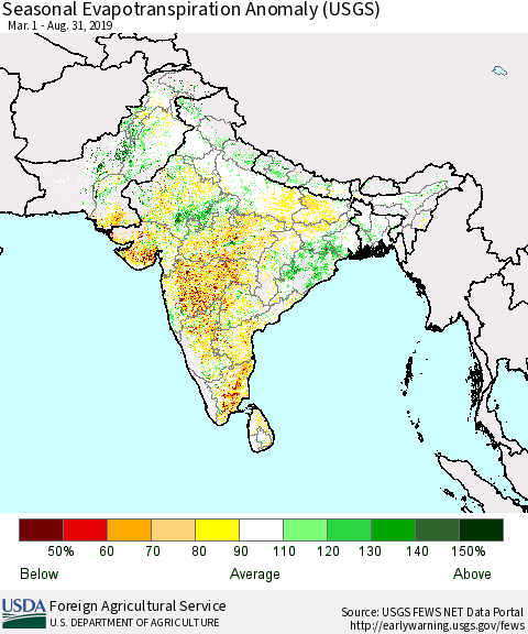 Southern Asia Seasonal Actual Evapotranspiration Anomaly (USGS) Thematic Map For 5/1/2019 - 8/31/2019