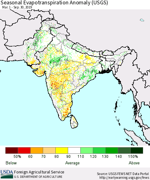 Southern Asia Seasonal Actual Evapotranspiration Anomaly (USGS) Thematic Map For 5/1/2019 - 9/30/2019