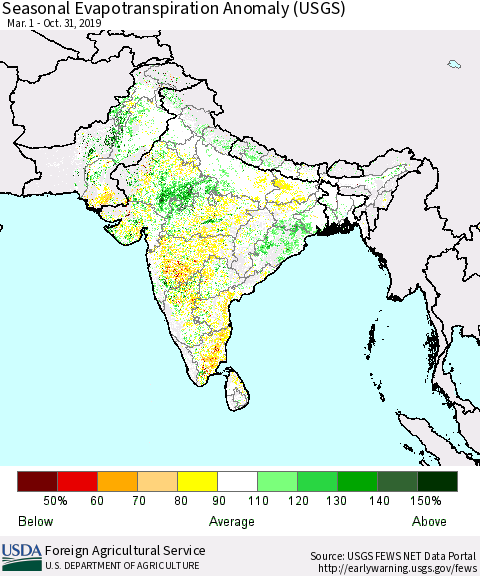 Southern Asia Seasonal Actual Evapotranspiration Anomaly (USGS) Thematic Map For 5/1/2019 - 10/31/2019