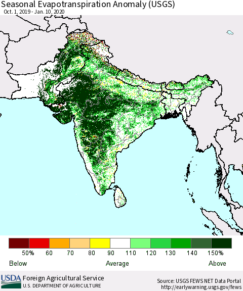 Southern Asia Seasonal Evapotranspiration Anomaly (USGS) Thematic Map For 10/1/2019 - 1/10/2020