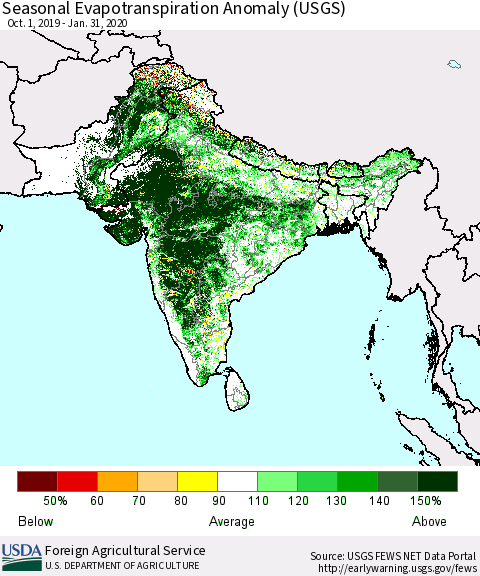 Southern Asia Seasonal Actual Evapotranspiration Anomaly (USGS) Thematic Map For 10/1/2019 - 1/31/2020