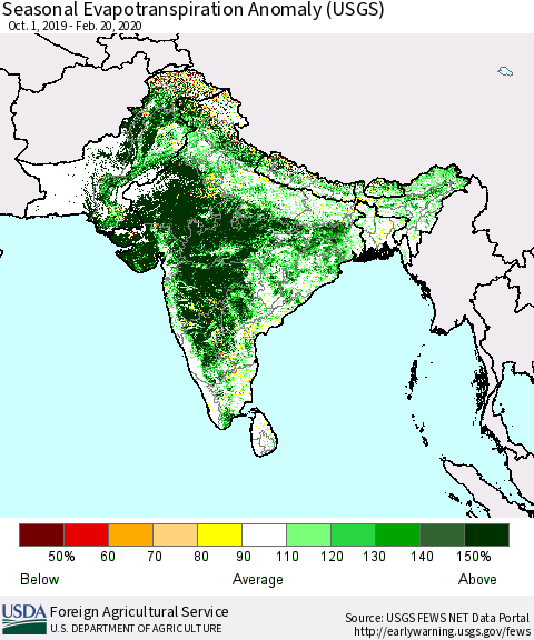 Southern Asia Seasonal Actual Evapotranspiration Anomaly (USGS) Thematic Map For 10/1/2019 - 2/20/2020