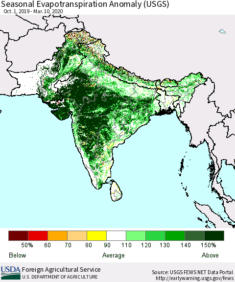 Southern Asia Seasonal Actual Evapotranspiration Anomaly (USGS) Thematic Map For 10/1/2019 - 3/10/2020