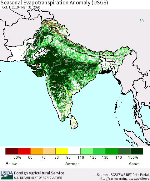 Southern Asia Seasonal Actual Evapotranspiration Anomaly (USGS) Thematic Map For 10/1/2019 - 3/31/2020
