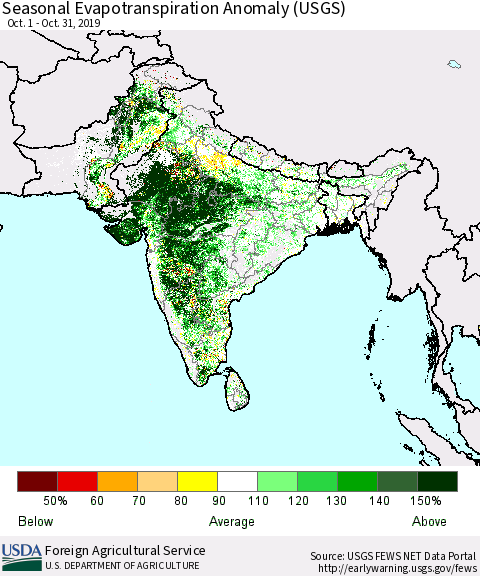 Southern Asia Seasonal Evapotranspiration Anomaly (USGS) Thematic Map For 10/1/2019 - 10/31/2019