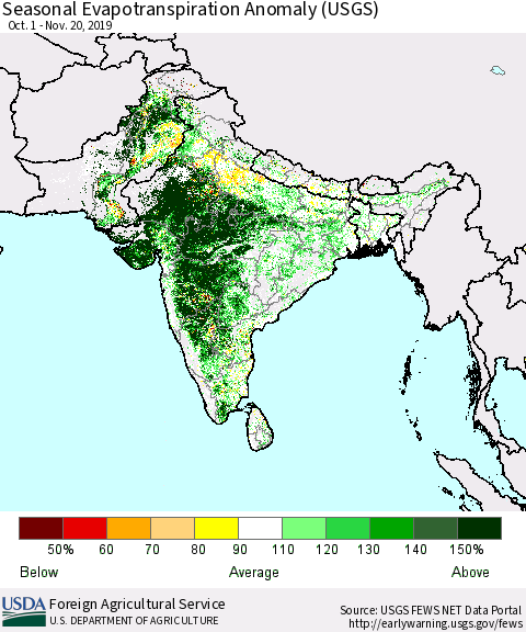 Southern Asia Seasonal Evapotranspiration Anomaly (USGS) Thematic Map For 10/1/2019 - 11/20/2019