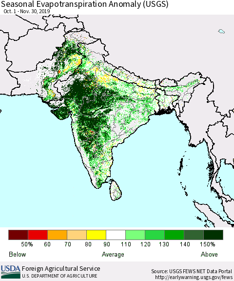 Southern Asia Seasonal Evapotranspiration Anomaly (USGS) Thematic Map For 10/1/2019 - 11/30/2019