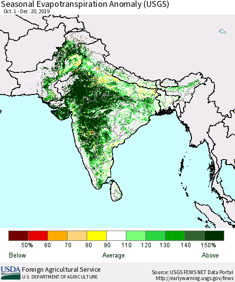 Southern Asia Seasonal Actual Evapotranspiration Anomaly (USGS) Thematic Map For 10/1/2019 - 12/20/2019