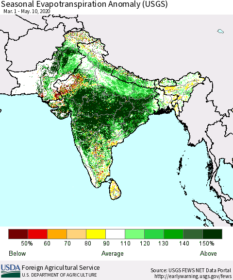 Southern Asia Seasonal Actual Evapotranspiration Anomaly (USGS) Thematic Map For 5/1/2020 - 5/10/2020