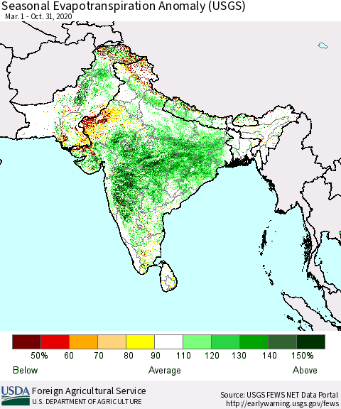 Southern Asia Seasonal Actual Evapotranspiration Anomaly (USGS) Thematic Map For 5/1/2020 - 10/31/2020