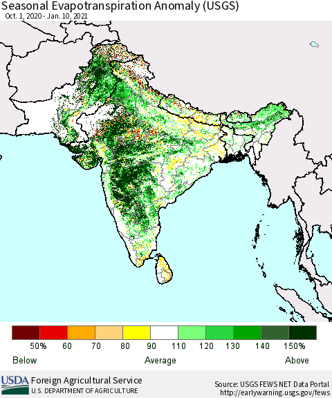 Southern Asia Seasonal Evapotranspiration Anomaly (USGS) Thematic Map For 10/1/2020 - 1/10/2021