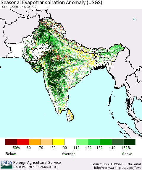 Southern Asia Seasonal Actual Evapotranspiration Anomaly (USGS) Thematic Map For 10/1/2020 - 1/20/2021