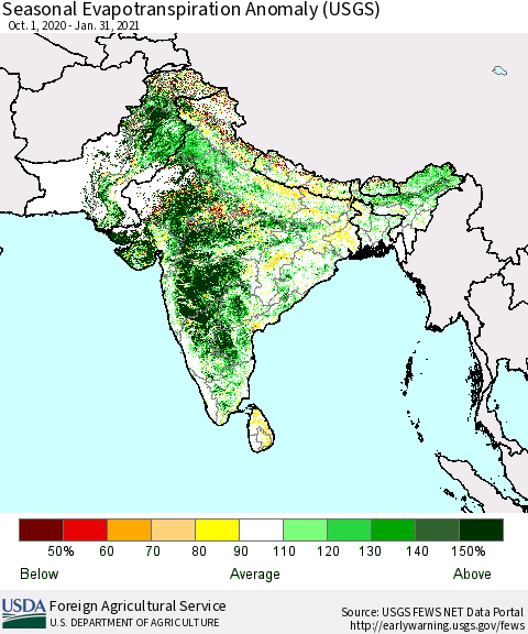 Southern Asia Seasonal Actual Evapotranspiration Anomaly (USGS) Thematic Map For 10/1/2020 - 1/31/2021