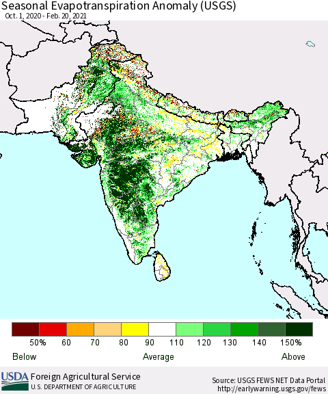 Southern Asia Seasonal Evapotranspiration Anomaly (USGS) Thematic Map For 10/1/2020 - 2/20/2021