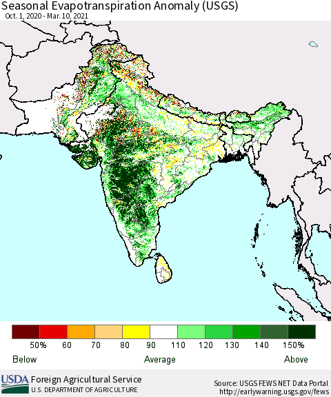 Southern Asia Seasonal Evapotranspiration Anomaly (USGS) Thematic Map For 10/1/2020 - 3/10/2021