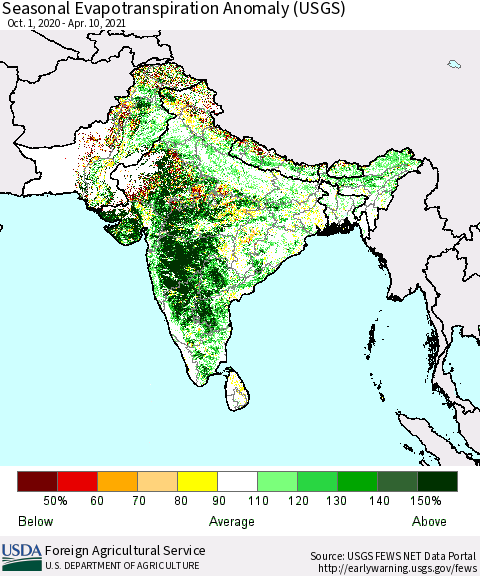 Southern Asia Seasonal Actual Evapotranspiration Anomaly (USGS) Thematic Map For 10/1/2020 - 4/10/2021