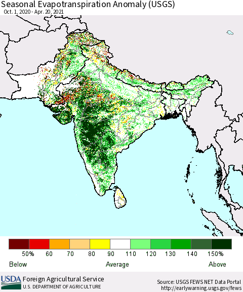 Southern Asia Seasonal Evapotranspiration Anomaly (USGS) Thematic Map For 10/1/2020 - 4/20/2021