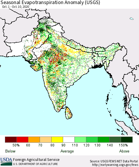 Southern Asia Seasonal Actual Evapotranspiration Anomaly (USGS) Thematic Map For 10/1/2020 - 10/10/2020