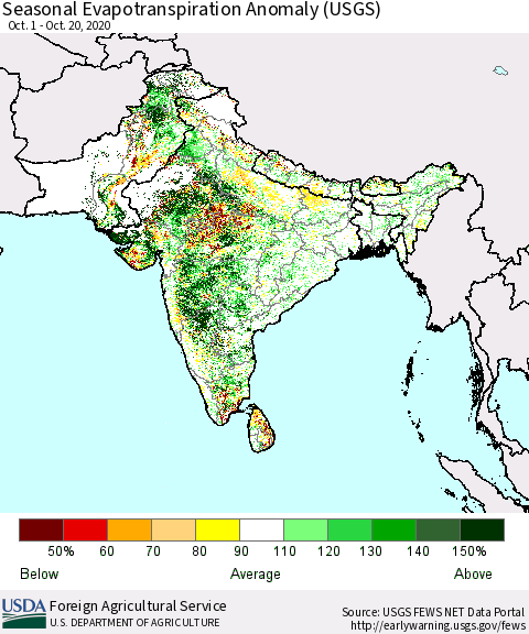 Southern Asia Seasonal Actual Evapotranspiration Anomaly (USGS) Thematic Map For 10/1/2020 - 10/20/2020