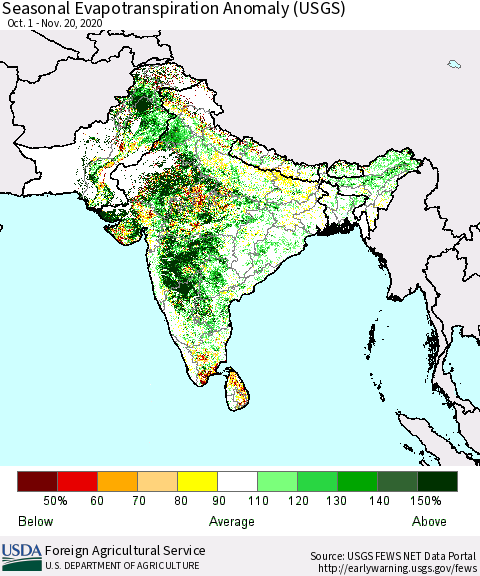 Southern Asia Seasonal Actual Evapotranspiration Anomaly (USGS) Thematic Map For 10/1/2020 - 11/20/2020