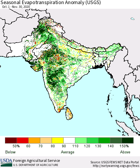Southern Asia Seasonal Evapotranspiration Anomaly (USGS) Thematic Map For 10/1/2020 - 11/30/2020