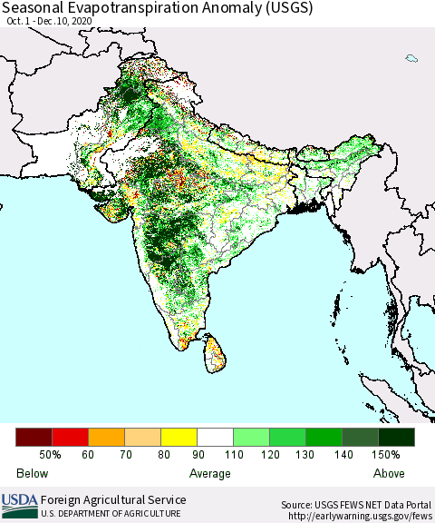 Southern Asia Seasonal Actual Evapotranspiration Anomaly (USGS) Thematic Map For 10/1/2020 - 12/10/2020