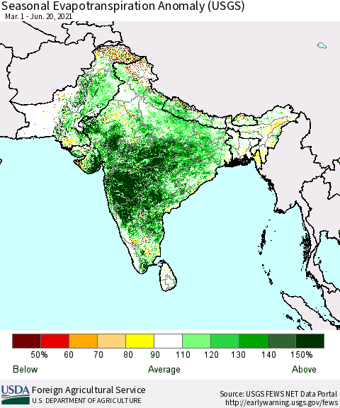 Southern Asia Seasonal Actual Evapotranspiration Anomaly (USGS) Thematic Map For 5/1/2021 - 6/20/2021