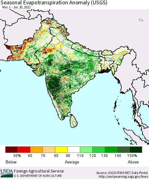 Southern Asia Seasonal Actual Evapotranspiration Anomaly (USGS) Thematic Map For 5/1/2021 - 7/20/2021