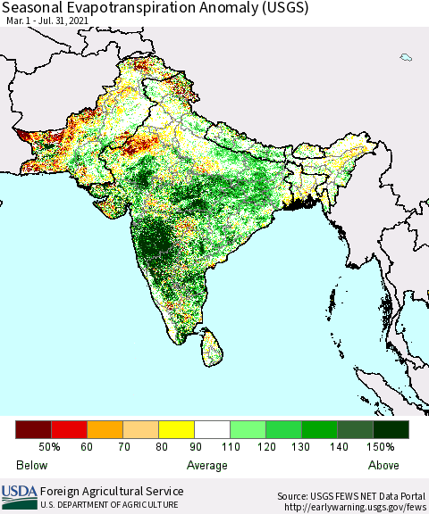 Southern Asia Seasonal Actual Evapotranspiration Anomaly (USGS) Thematic Map For 5/1/2021 - 7/31/2021