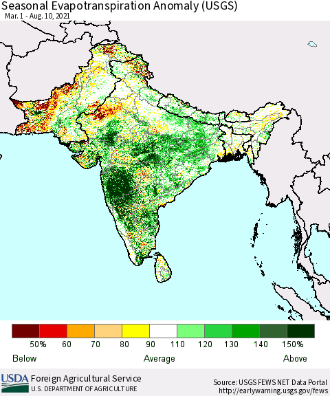 Southern Asia Seasonal Actual Evapotranspiration Anomaly (USGS) Thematic Map For 5/1/2021 - 8/10/2021